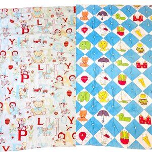 Vintage 60s 70s Kitschy Baby Quilt Blanket Reversible Alphabet Animals Checkered